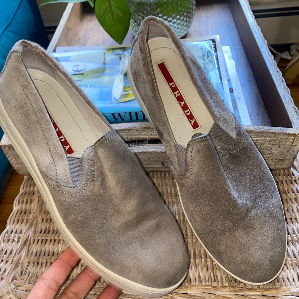 Prada Women's Taupe Suede Slip-On Sneakers